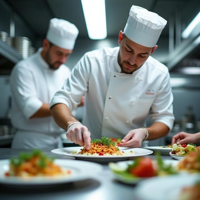 Chefs préparant des plats dans une cuisine moderne